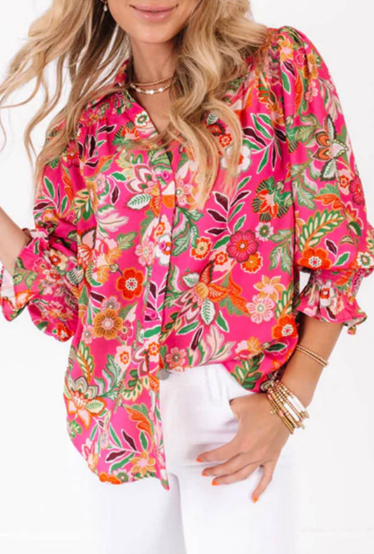 Strawberry Pink Floral Puff Sleeve Blouse