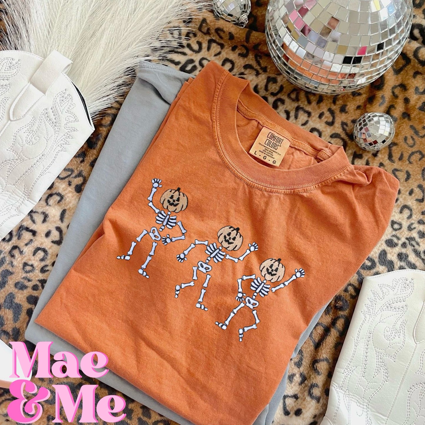 Dancing Pumpkin Skeletons Embroidered Comfort Colors Tee