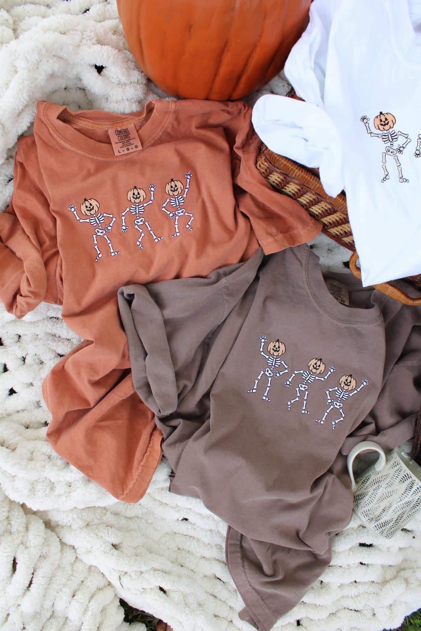 Dancing Pumpkin Skeletons Embroidered Comfort Colors Tee