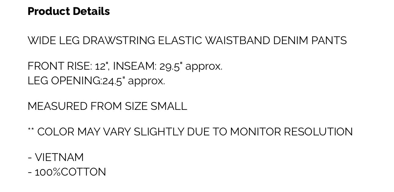 Wendy Wide Leg Drawstring Elastic Waist Denim Pants