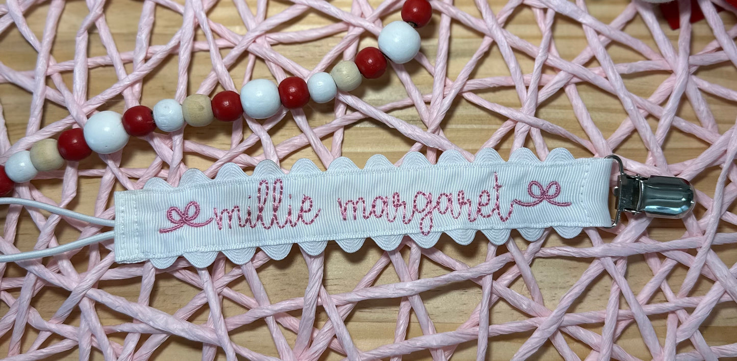Ribbon Pacifier Clip custom embroidered