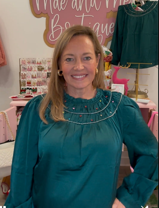 Emerald Satin Blouse with Colored Stone and Rhinestone Details