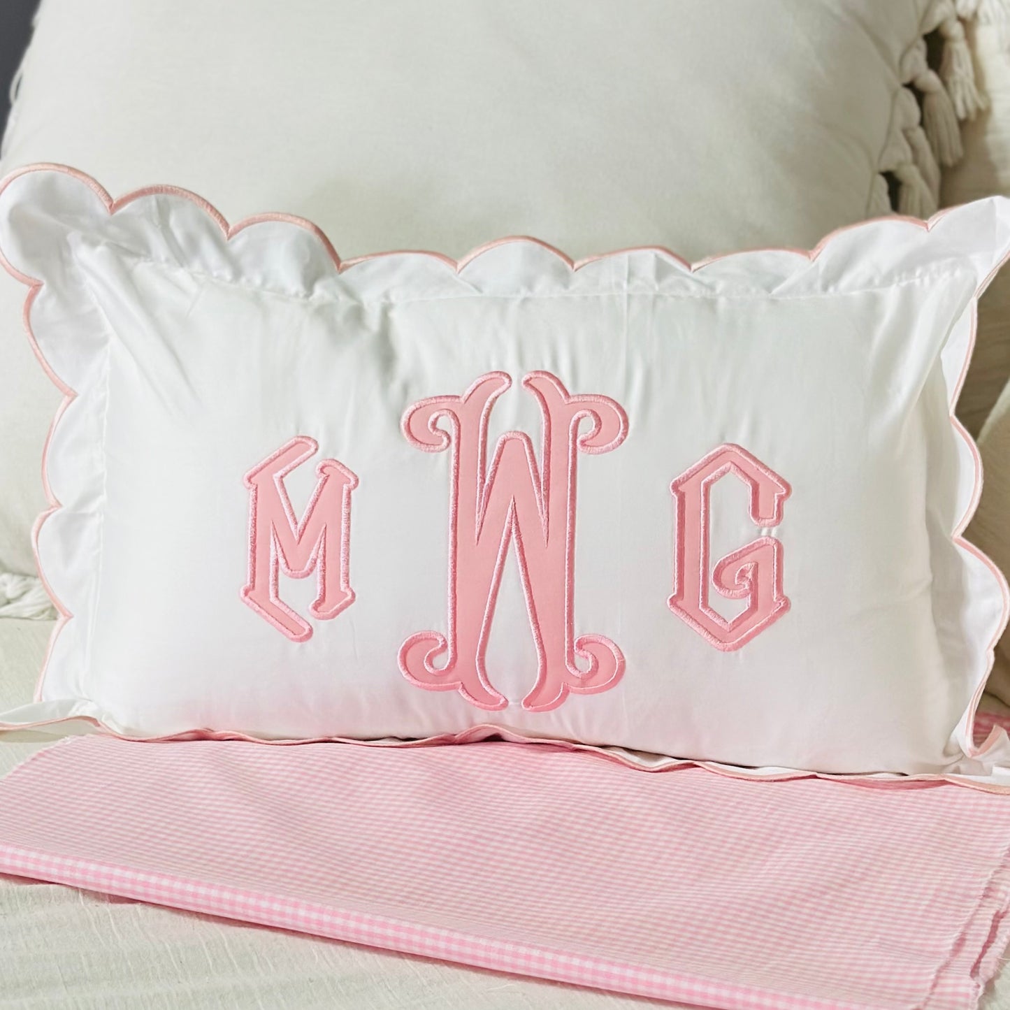 Scalloped Pillow with Embroidered Monogram