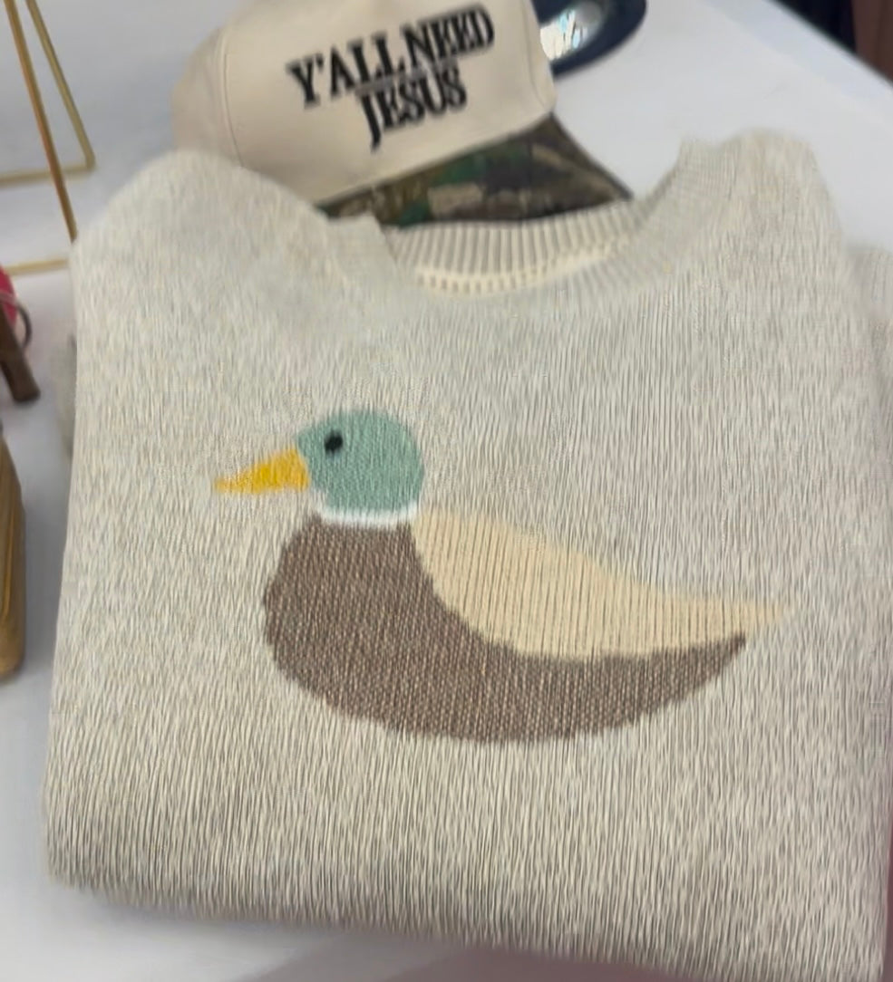 Mallard Embroidered Duck Sweater Crewneck with Fleece Inside