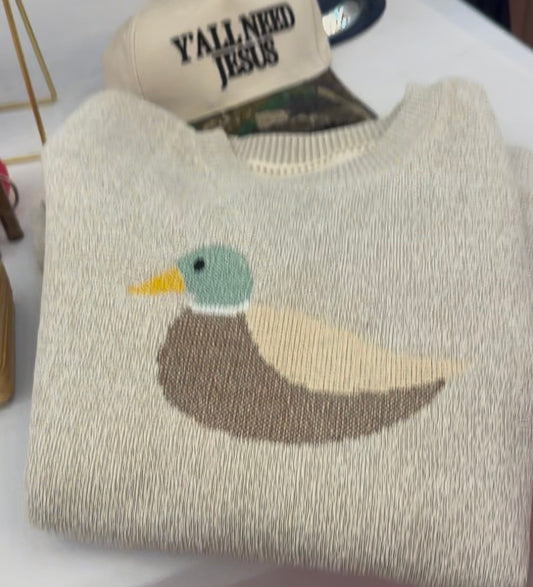 Mallard Embroidered Duck Sweater Crewneck with Fleece Inside