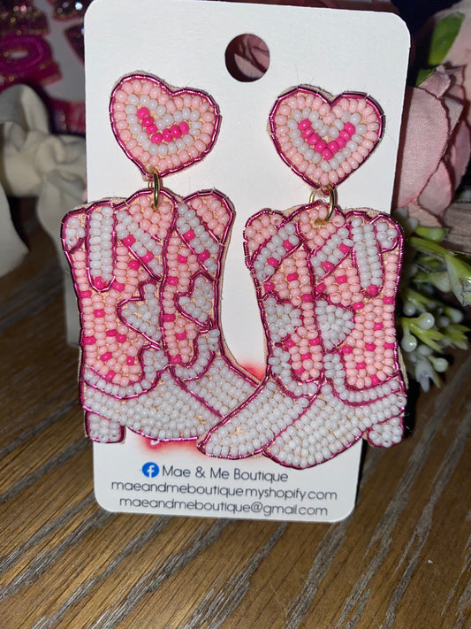 Cowboy boots with Heart seed bead earrings