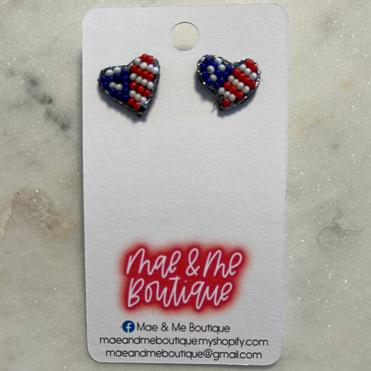 USA Heart Stud Seed Bead Earrings