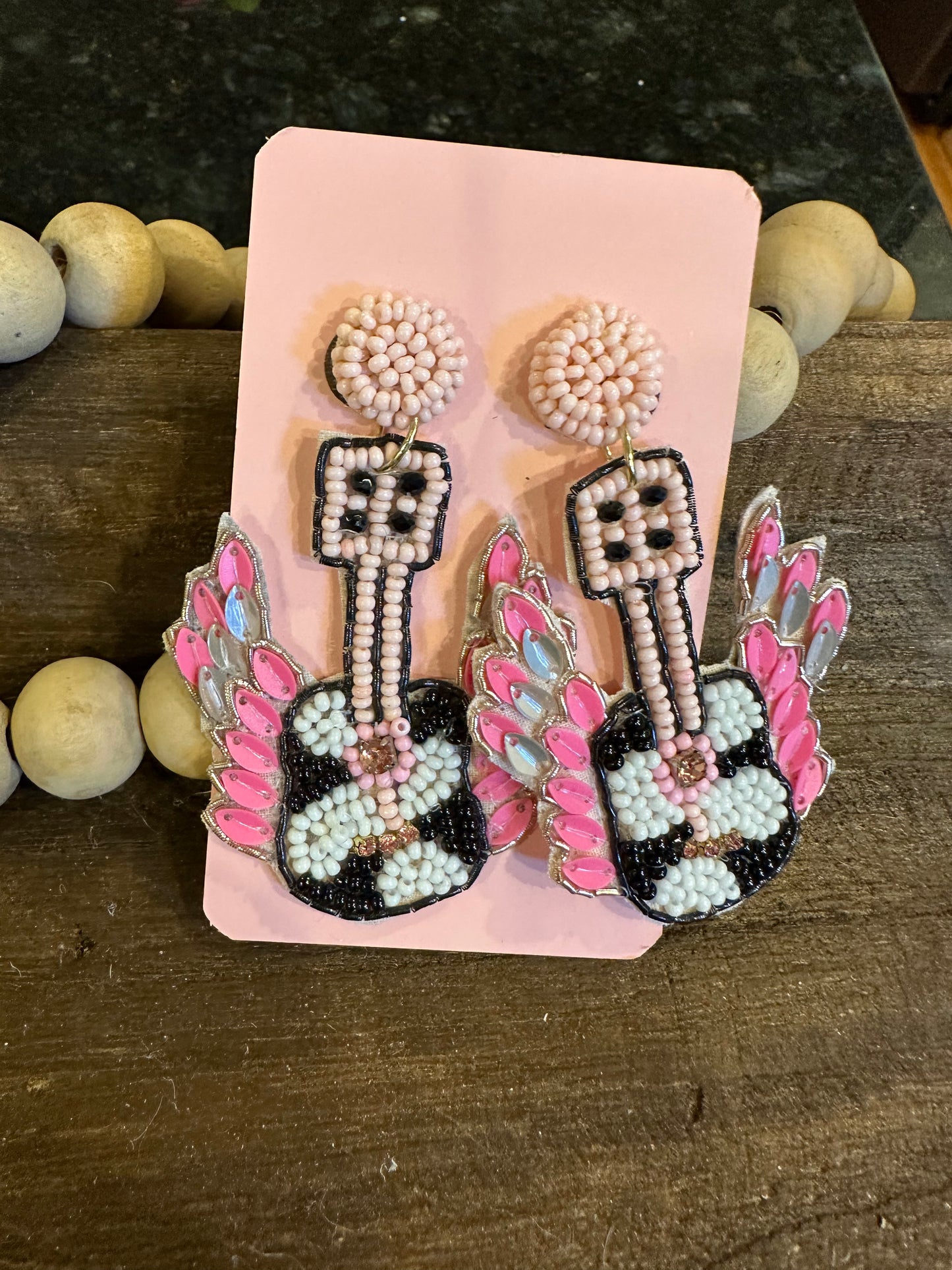 Guitar with Pink Wings Seed Bead Earrings