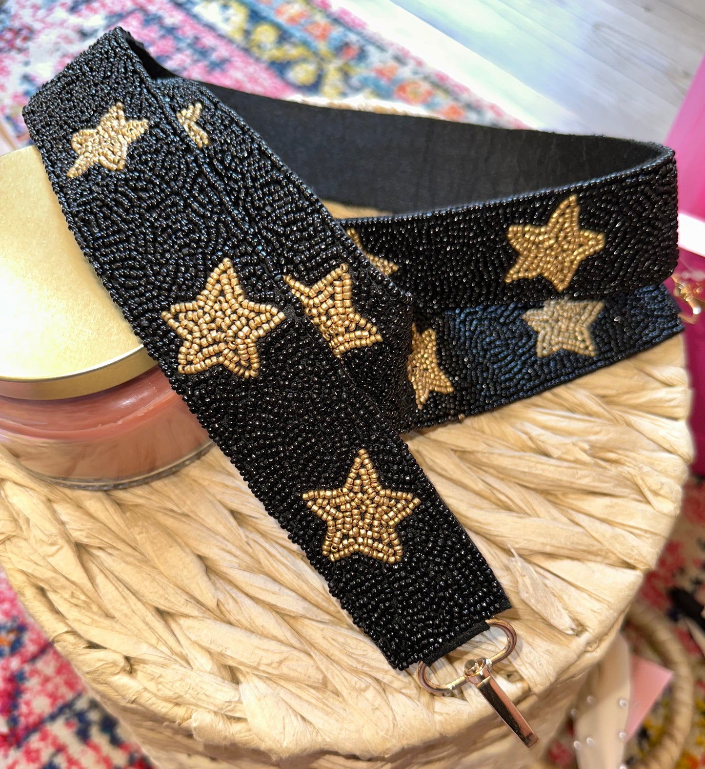 Seed Bead Black and Gold Star Purse Strap