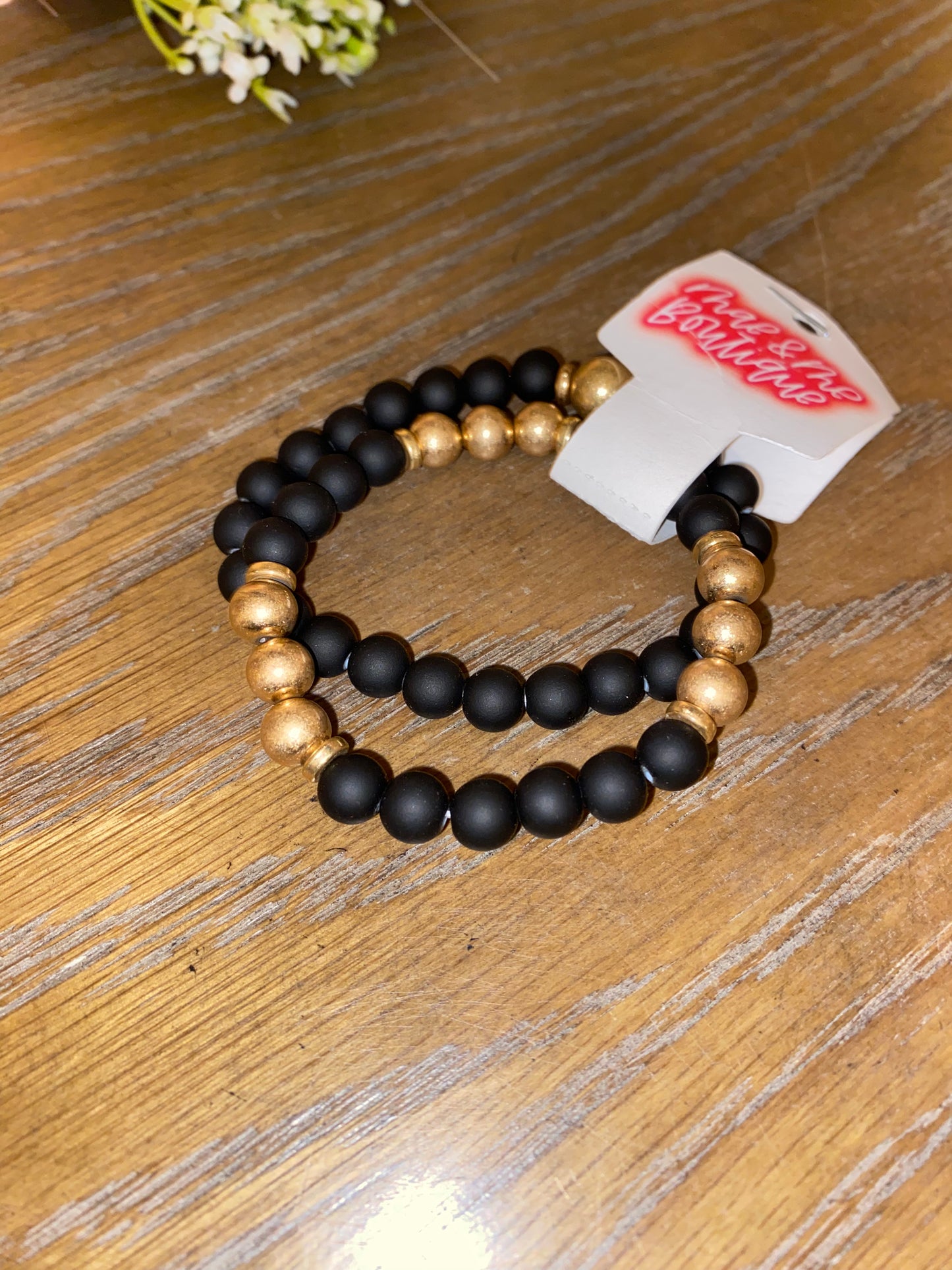 Black and gold bead bracelet set