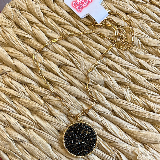 Black Beaded Pendant and Gold Chain Necklace