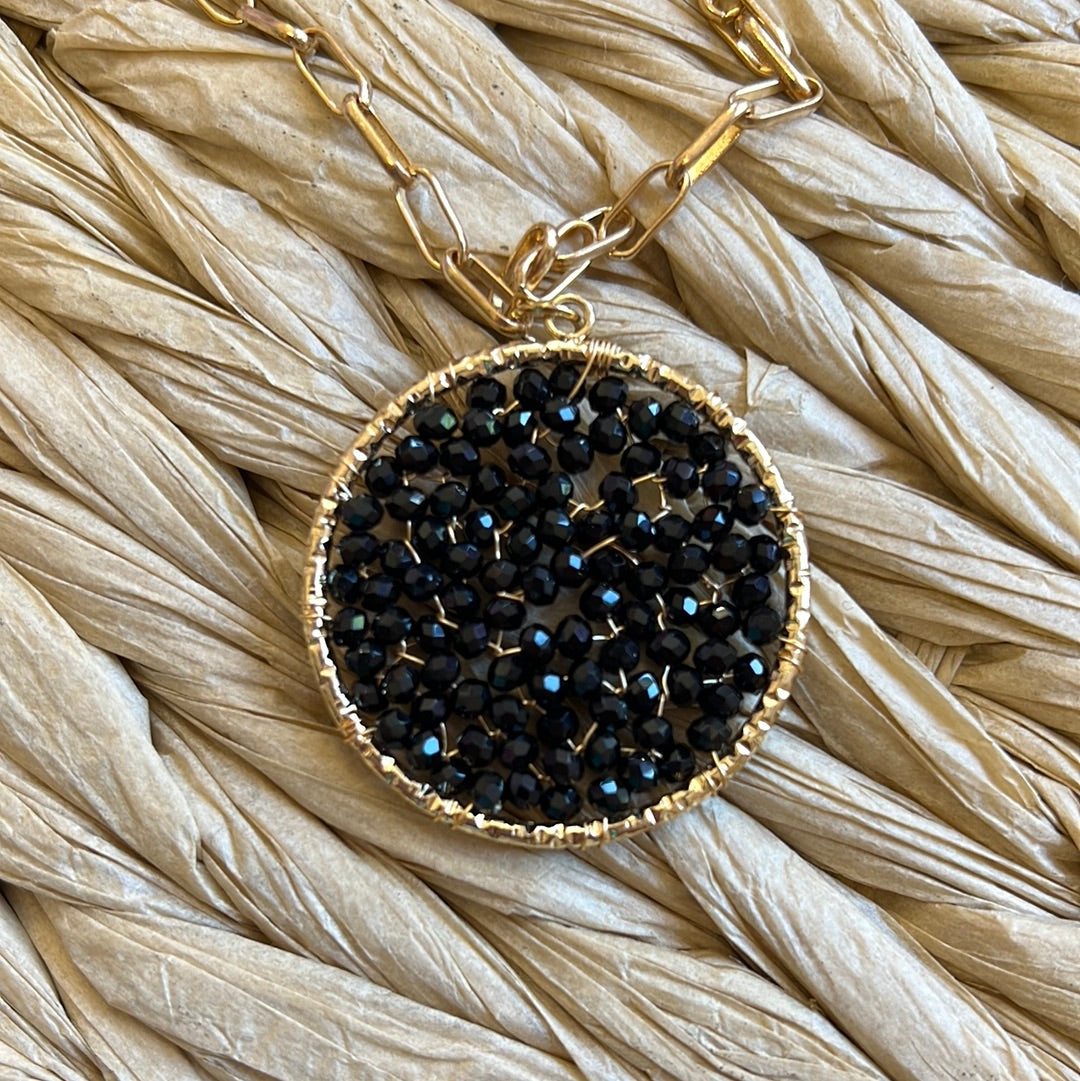 Black Beaded Pendant and Gold Chain Necklace