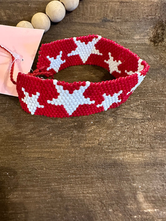 Red with White Stars Seed Bead Bracelet